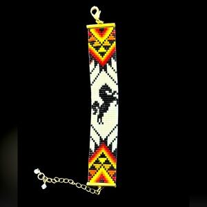 Handwoven loom cuff panel bracelet adjustable seed bead Native American motif